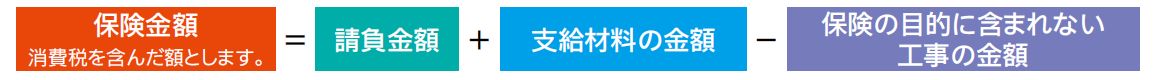 保険金額|消費税を含んだ額とします。 ＝ 請負金額 ＋ 支給材料の金額 − 保険の目的に含まれない工事の金額